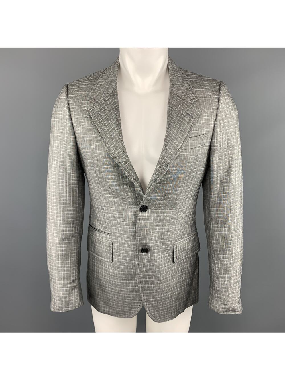 PRADA Size 38 Regular Plaid Grey Wool / Silk Notch Lapel Sport Coat
